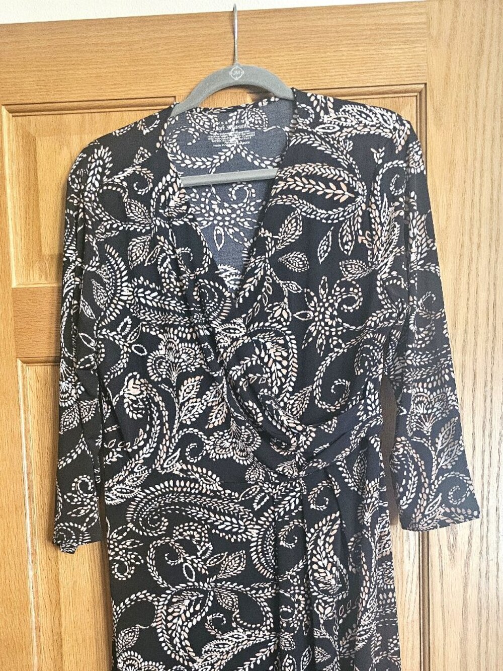 Investments Maxi Dress.  Wrap around look bodice. Black and Tan Paisley design
